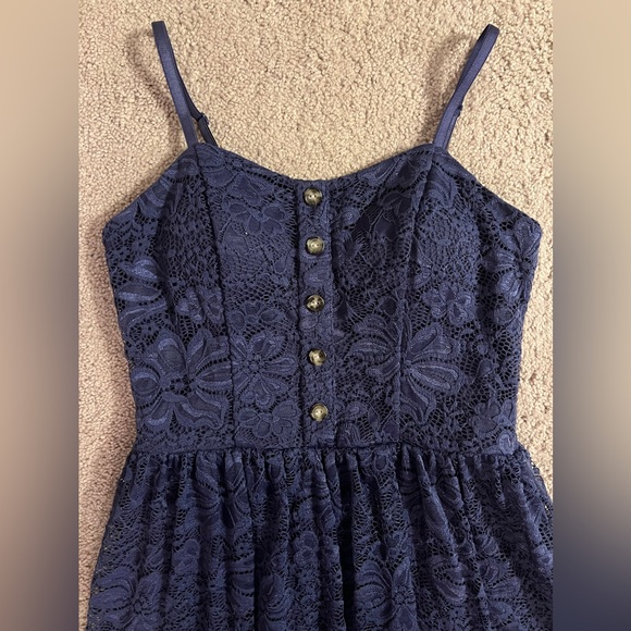 BCX Navy Blue Lace Mini Dress M Juniors Fit Flare Sweetheart Neck Button - Picture 3 of 8